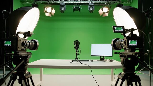 Studio setup with cameras lights and green screen for film production