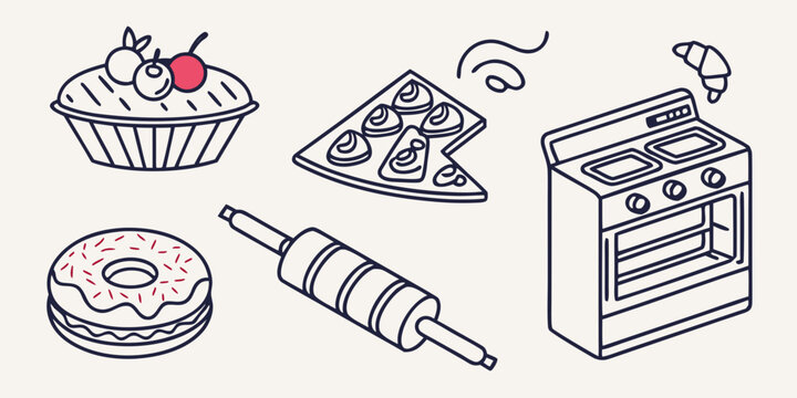 Bakery with oven and utensils bakery oven rolling pin cupcake donut pizza