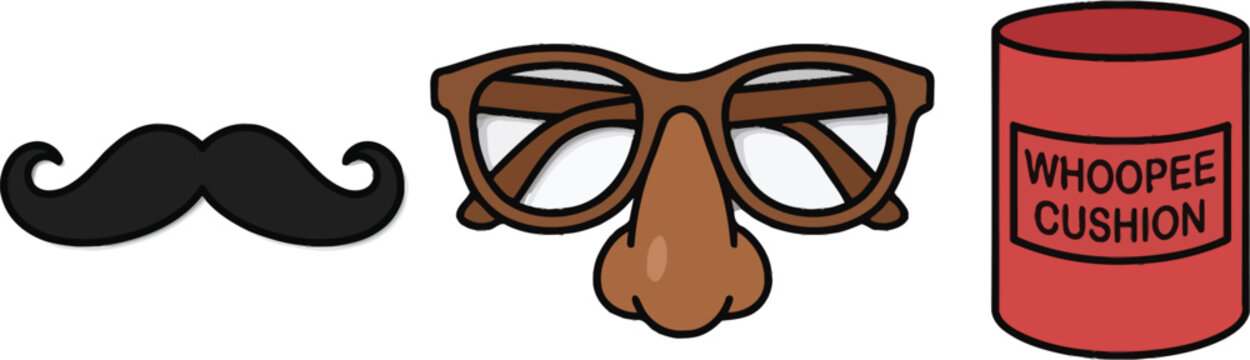 Novelty disguise items including a fake mustache, glasses with a nose, and a whoopee cushion suggest pranks.