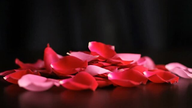 Red Rose Petals Falling on Dark Surface.