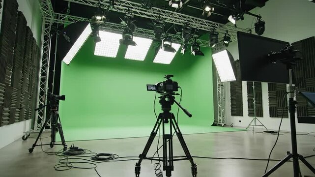 Studio setup with green screen and professional lighting equipment