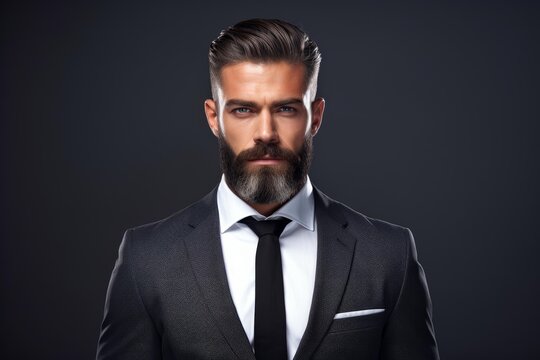 Professional man in a dark suit with a well groomed beard and slicked back hair looking at camera