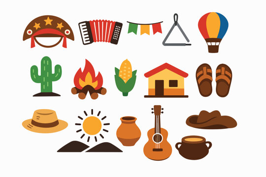 Cultura Nordestina Brasileira &ndash; Vetores Flat Simples de Festa Junina e Tradi&ccedil;&otilde;es do Nordeste | Brazilian Northeast Culture &ndash; Simple Flat Vector Icons of Festa Junina and Northeastern Traditions