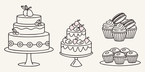 Line of cakes and cupcakes on stands and plates muffins line black and white bakery © Abu