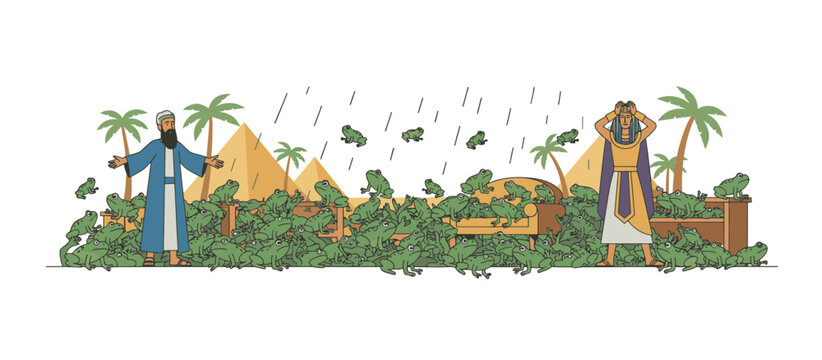 Ten plagues of Egypt plague of frogs. Moses and Pharaoh biblical story concept. Flat design vector illustration isolated on transparent background