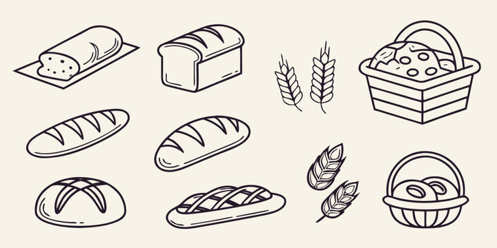 Various types of bread loaf baguette wheat basket