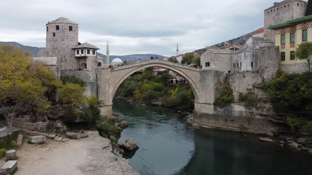 Drone flight near the historical old Mostar Bridge. Bosnia and Herzegovina, Europe.
