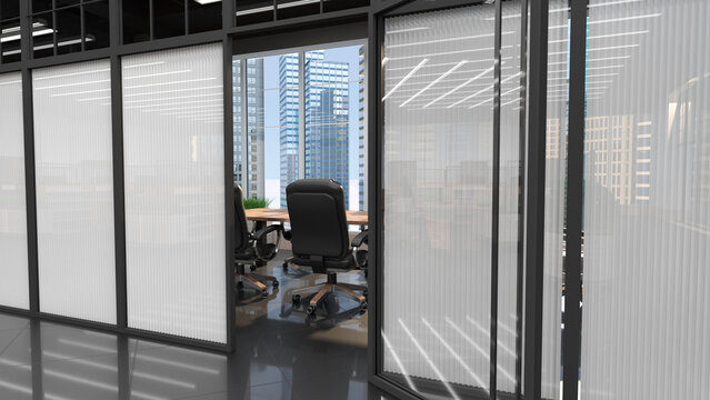 View from the office hallway into the boardroom through the open glass door and glass wall with blinds. 3d illustration