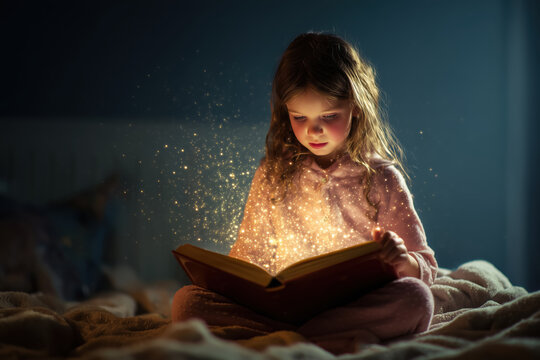 A little girl, captivated by a magical book, sits cross-legged in bed at night, reading a fairy tale. The red book emits an enchanting glow. Childhood imagination and bedtime reading concept.