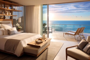 Fototapeta premium Modern hotel suite offering a serene tropical escape overlooking the ocean