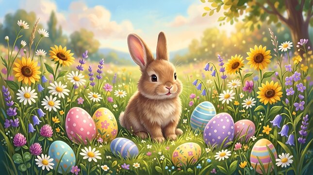 Easter bunny and easter eggs in the meadow with flowers