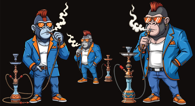 Three distinct cool cartoon gorillas featuring mohawks, trendy sunglasses, and stylish outfits enjoying shisha hookahs in various poses on transparent background. on transparent background
