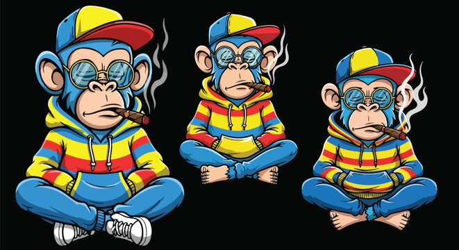 Three cool cartoon monkeys wearing striped hoodies, sunglasses, and baseball caps, smoking cigars while sitting cross-legged, on transparent background. on transparent background