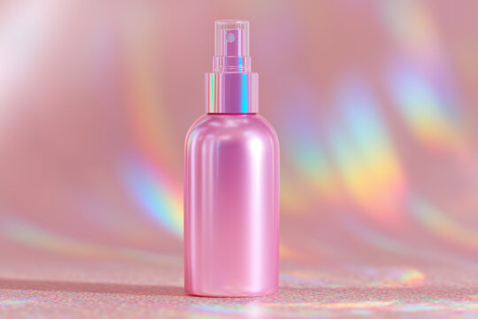 Mockup of a pink pearlescent spray bottle with an iridescent cap, sparkling surface. Colorful, blurry holographic light, vibrant background. Luxury cosmetic, feminine beauty, trendy aesthetic