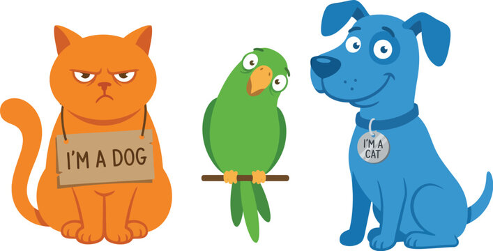 A grumpy orange cat wearing an I'm a dog sign sits beside a green parrot and a happy blue dog.