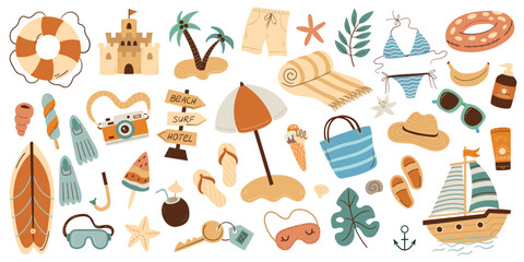 Set of beach related items on white background. Travel concept. Hand drawn flat cartoon elements. © nafanya241