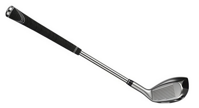 A close-up view of a golf club with a black grip and a shiny silver shaft.