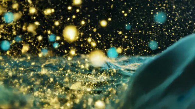 Stylized wave form with luminous particles flowing in liquid motion