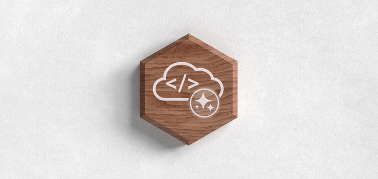 Holz Hexagon Header mit Cloud Programmierung Symbol und Sparkles f&uuml;r KI K&uuml;nstliche Intelligenz Cloud Computing Software Entwicklung IT Developer Netzwerk Automation Internet Web