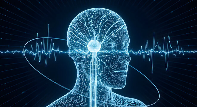 Futuristic human head with digital circuits and data waves