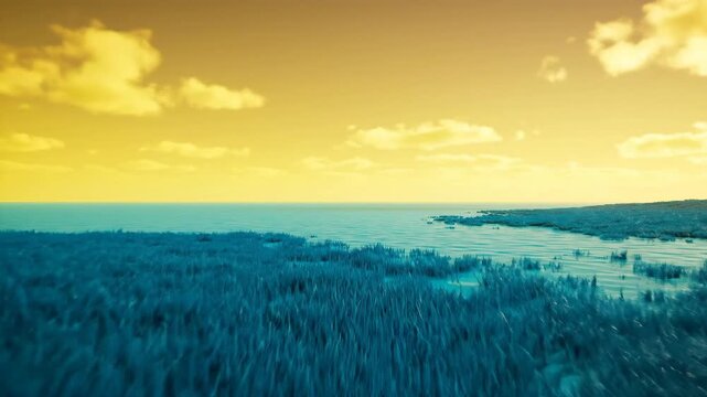 Surreal blue grass field with yellow sky landscape aerial view