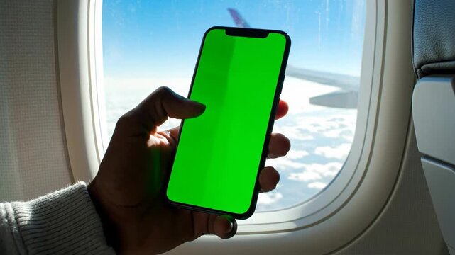 Smartphone green screen display held in hand airplane travel