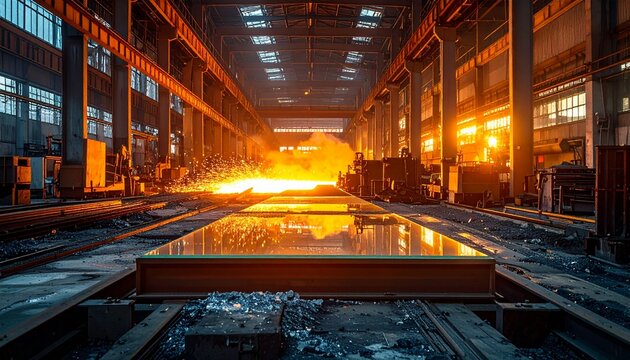 Industrial Steel Mill - Molten Metal Processing and Manufacturing.