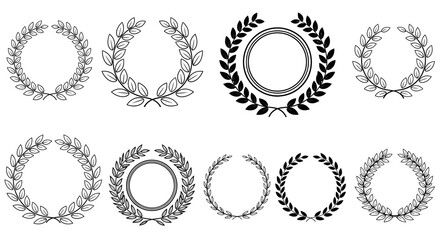 Obraz premium Assortment of Black and Outline Laurel Wreaths for Badges and Certificates on Isolated White Background