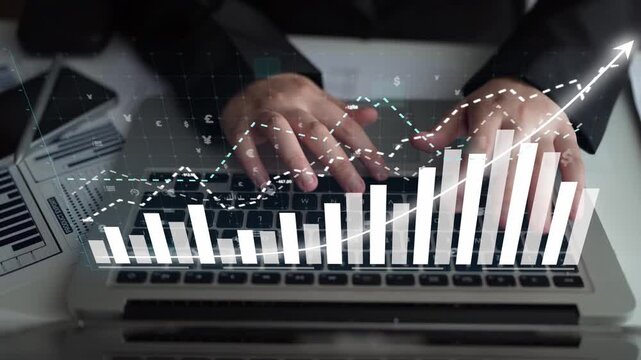A businessman reviews financial data on a laptop, showcasing a growth trend on a digital graph, reflecting modern business analysis in a professional office setting. Copula
