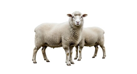 Fototapeta premium Two white sheep standing side by side against a clean white background