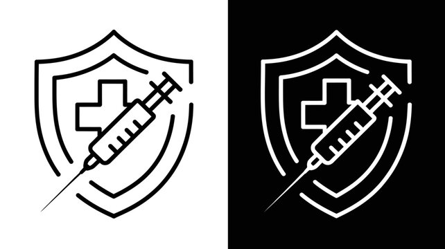 Medical shield with cross and syringe icon for health protection concept