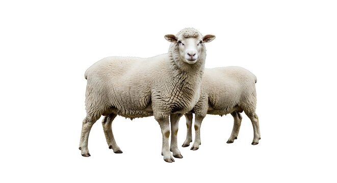 Two white sheep standing side by side against a clean white background