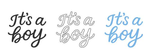 It’s a boy playful text set in black, outline, and blue cursive lettering. Hand drawn script typography for baby shower invitations, nursery wall art, and newborn announcements. © Kidzkamba