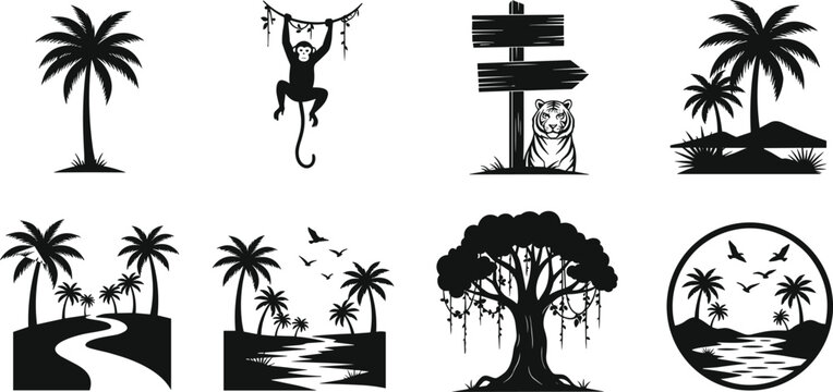Tropical jungle nature icon set with palm trees monkey tiger hanging vines river landscapes cad drawing flat vector illustration flavector wild wildlife animals.