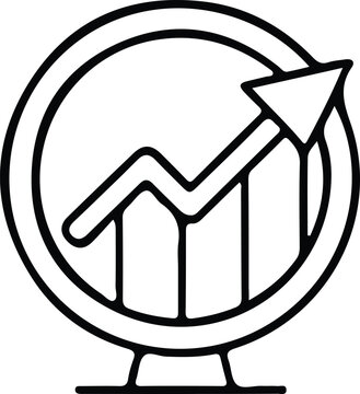 Upward growth chart with arrow analytics icon, Simple black and white icon showing a rising bar chart with upward arrow, symbolizing business growth, financial success, analytics, and performance impr
