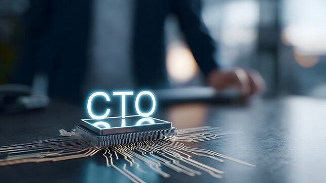 Digital Technology Chief Officer Concept: CTO Abbreviation on Glowing Microchip with Circuit Board, Business and Innovation