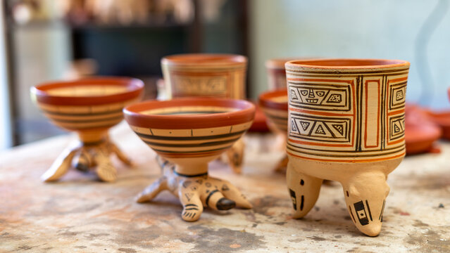 Handmade ceramic pottery vessels with traditional pre-columbian patterns