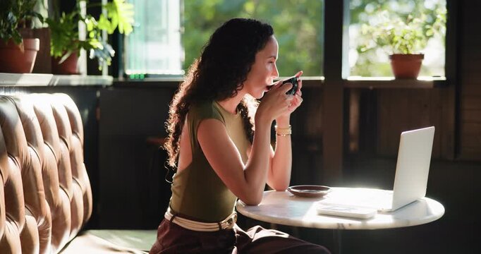 Thinking, drinking coffee or woman in cafe, laptop or decision for creative project, caffeine or remote work. Writer, herbal tea or person in restaurant, copywriting or reflection with idea for story