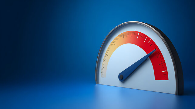 Abstract meter with blue needle pointing to red zone, indicating high performance, maximum speed, or critical level on a blue background