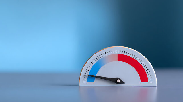 Minimalist half-circle gauge with black needle pointing to 'low' area against a bright blue background, depicting measurement and efficiency concepts