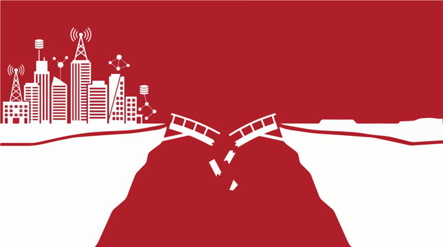 Digital Divide in Business Showing Gap Between Advanced Technology City and Undeveloped Landscape &ndash; Vector Illustration