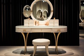 Fototapeta na wymiar Luxurious dressing table featuring mirrors, drawers, and a stool against a dark background