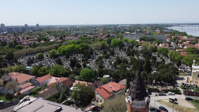 Drone flight above the Gardos tower, Saint Nicholas church, Zemun, Belgrade, Serbia. 4K.