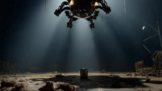 Suspended robotic device illuminated by beams of light in dark setting  