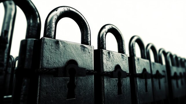 Row of heavy metal padlocks secured together symbolizing robust data encryption and digital security protection