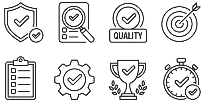 Quality control and assurance line icon set, certification, compliance, guarantee, achievement, goal, vector symbols, business process, inspection, standard, approval