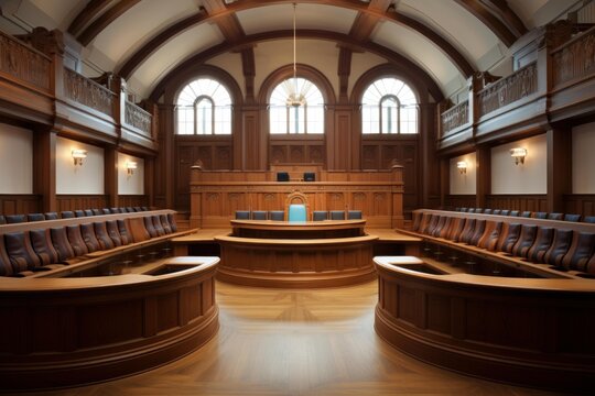 Empty traditional courtroom inside a government building, representing justice, law, and legal system concepts