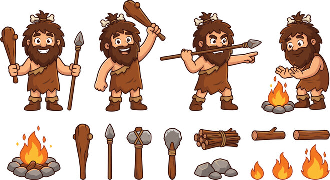 Cartoon Caveman Character Set with Stone Age Tools Fire Spear Club and Prehistoric Survival Elements for Game Design Illustration Collection