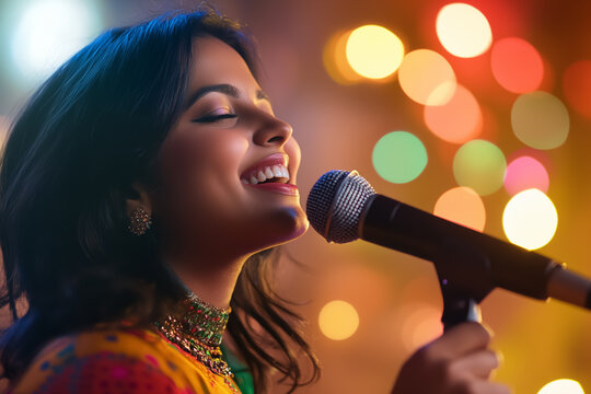 Close-up portrait of Indian woman wearing traditional, she is smiling and singing into a microphone on stage festival. The background is blurred with lights, bokeh effect.