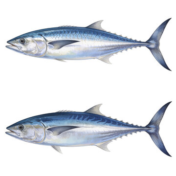 Two scombrid species including an Atlantic bonito and a skipjack tuna are shown in profile against a white background, highlighting their iridescent scales and streamlined shapes.